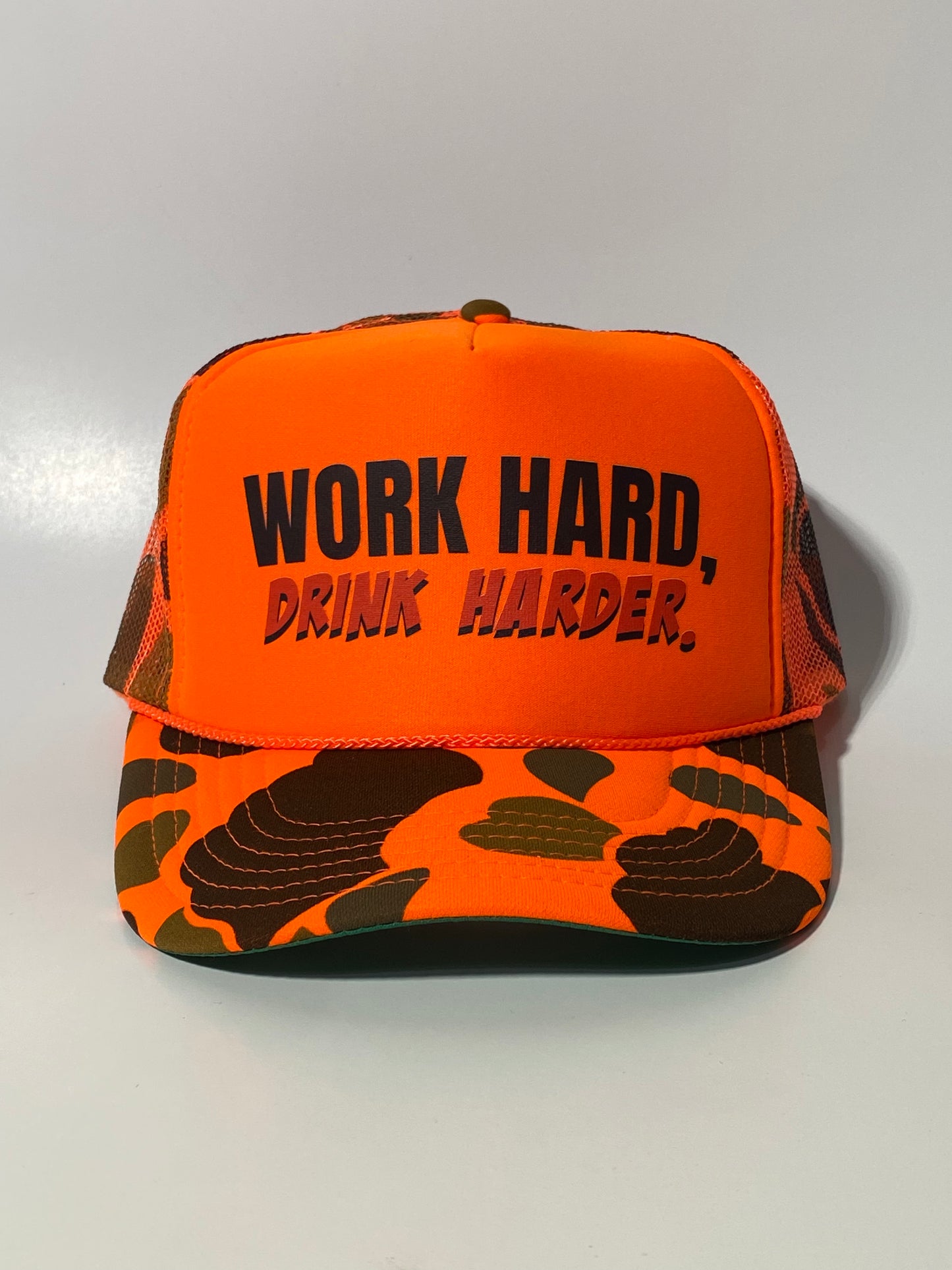 Work Hard, Drink Harder Foam Trucker Hat Orange/Camo